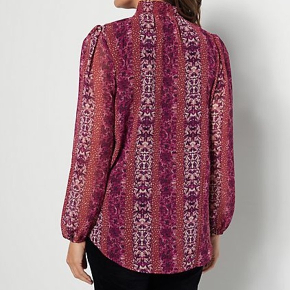 Susan Graver chiffon smocked neck fully lined top - Picture 2 of 11